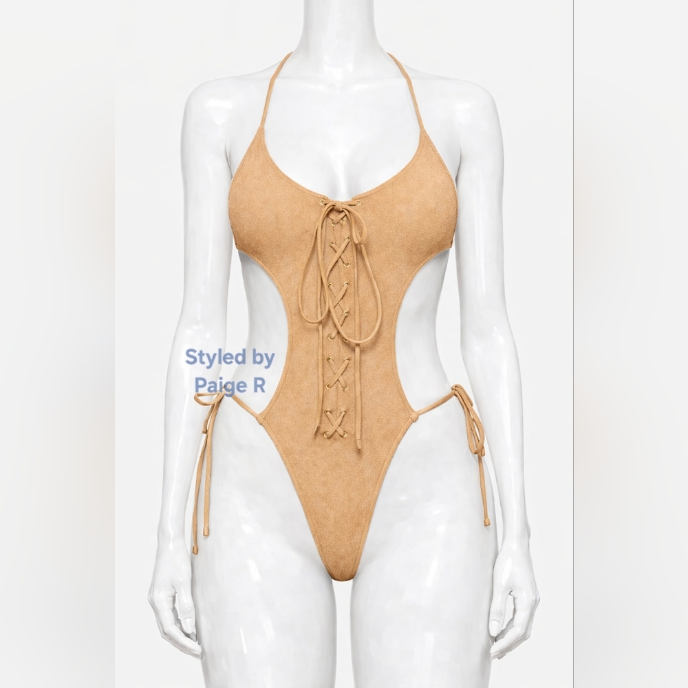 💕NWT SKIMS 1 Piece Sexy Cut Out Halter lace up Monokini Swimsuit Nude OCHRE 3X
